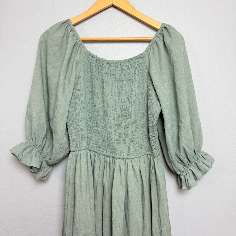 Ivy City Co Sage Green Smocked Cotton Midi Dress Puff Sleeve Large Cottagecore - Picture 4 of 10